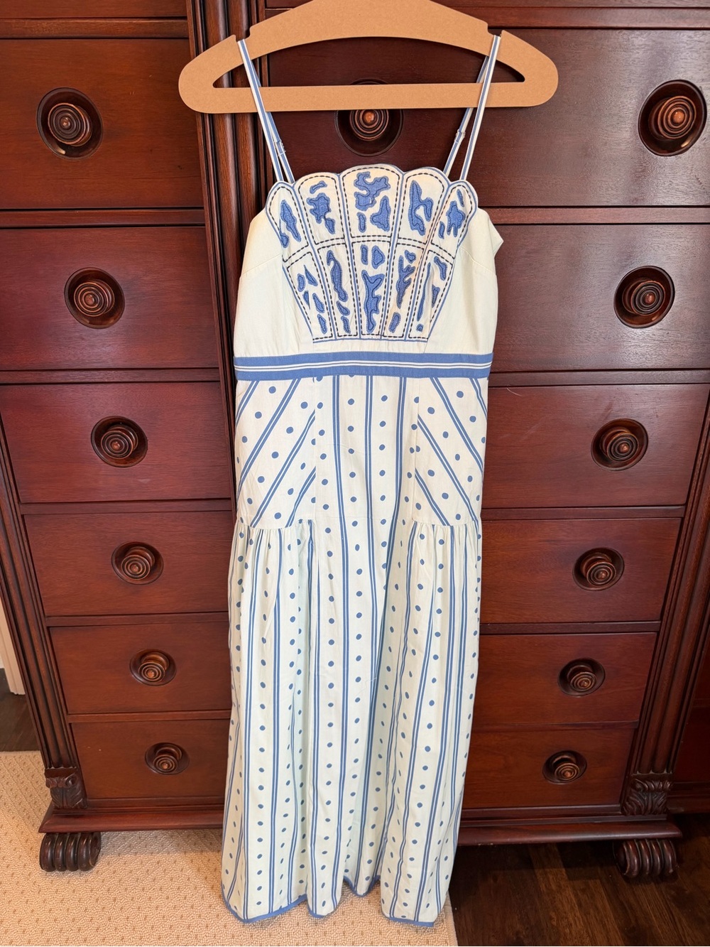 Cream and Blue Embroidered Midi Sundress with Spaghetti Straps